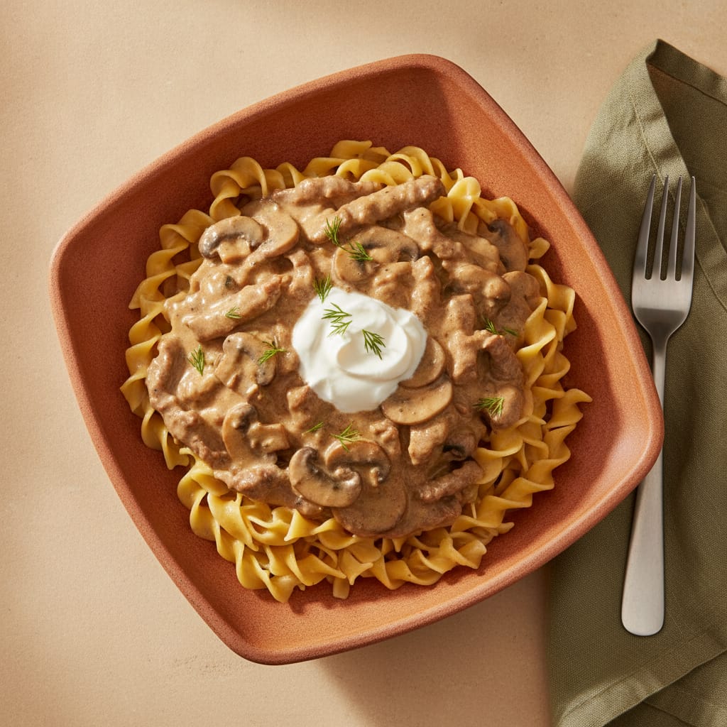 Beef Stroganoff over Buttered Egg Noodles