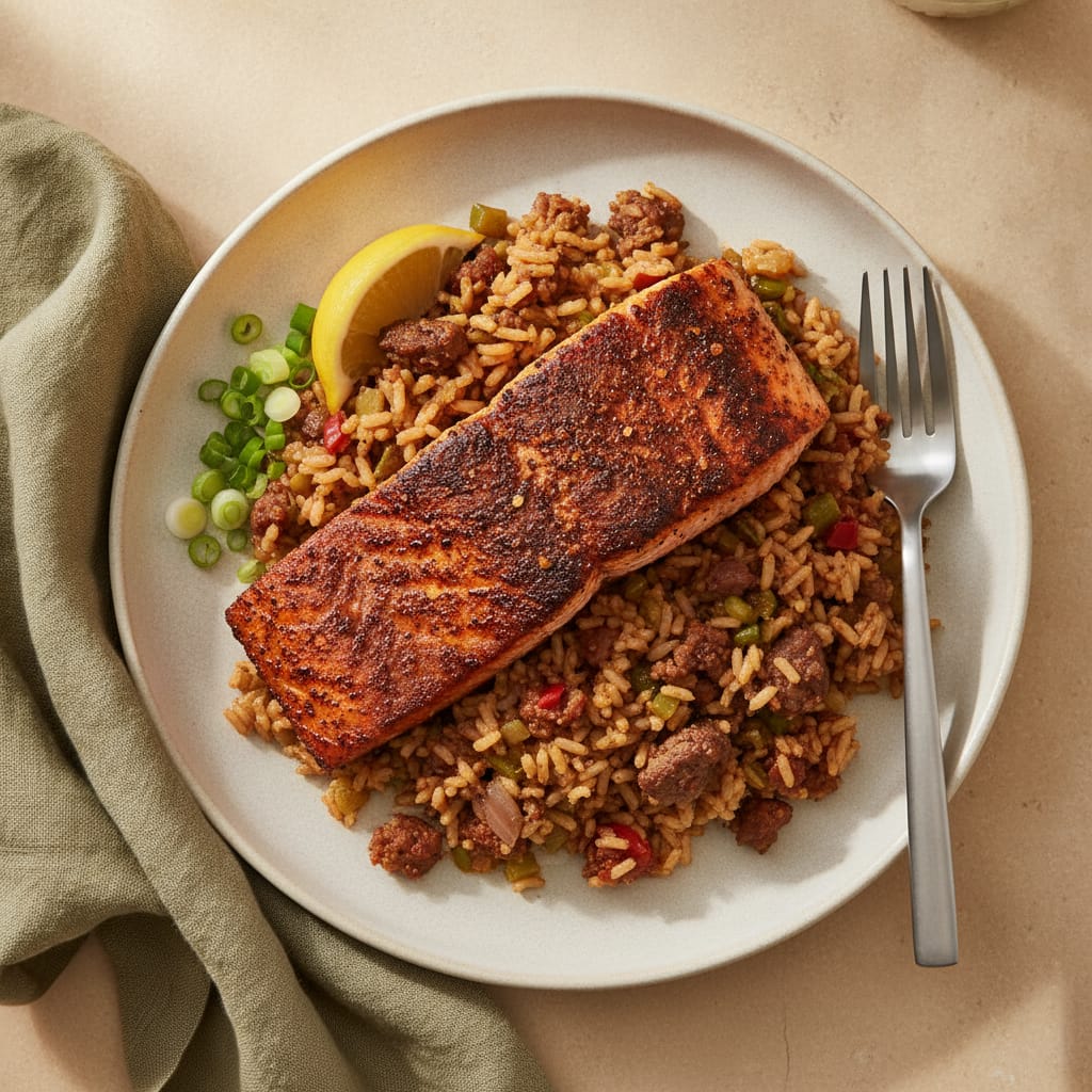 Blackened Salmon with Dirty Rice