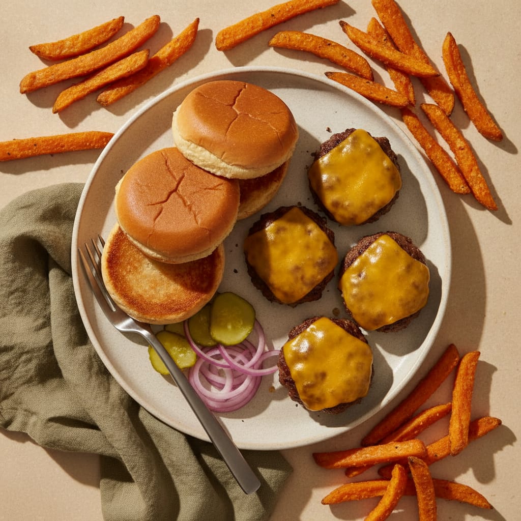 Cheesy Beef Sliders with Sweet Potato Fries