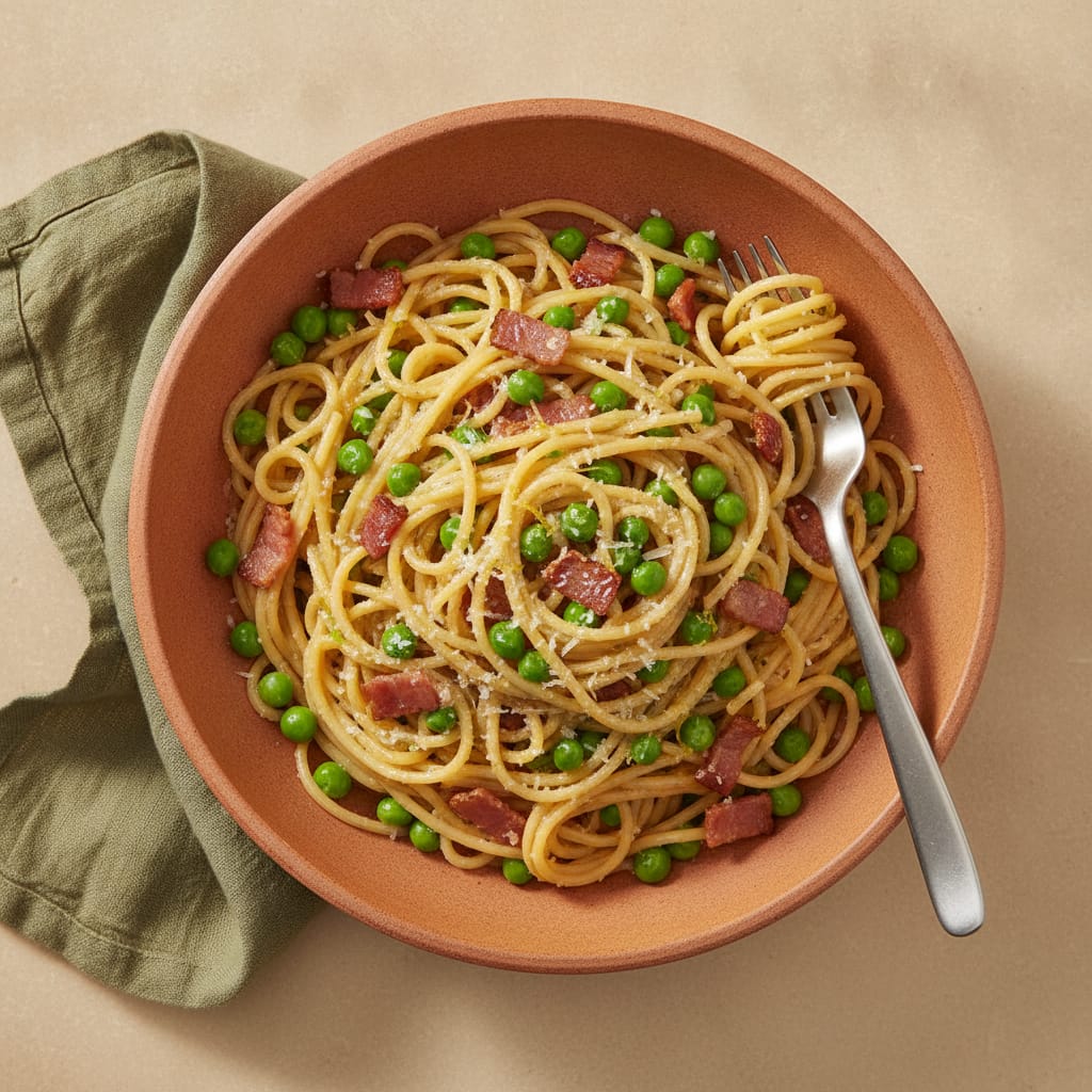 Crispy Pancetta Spaghetti with Peas