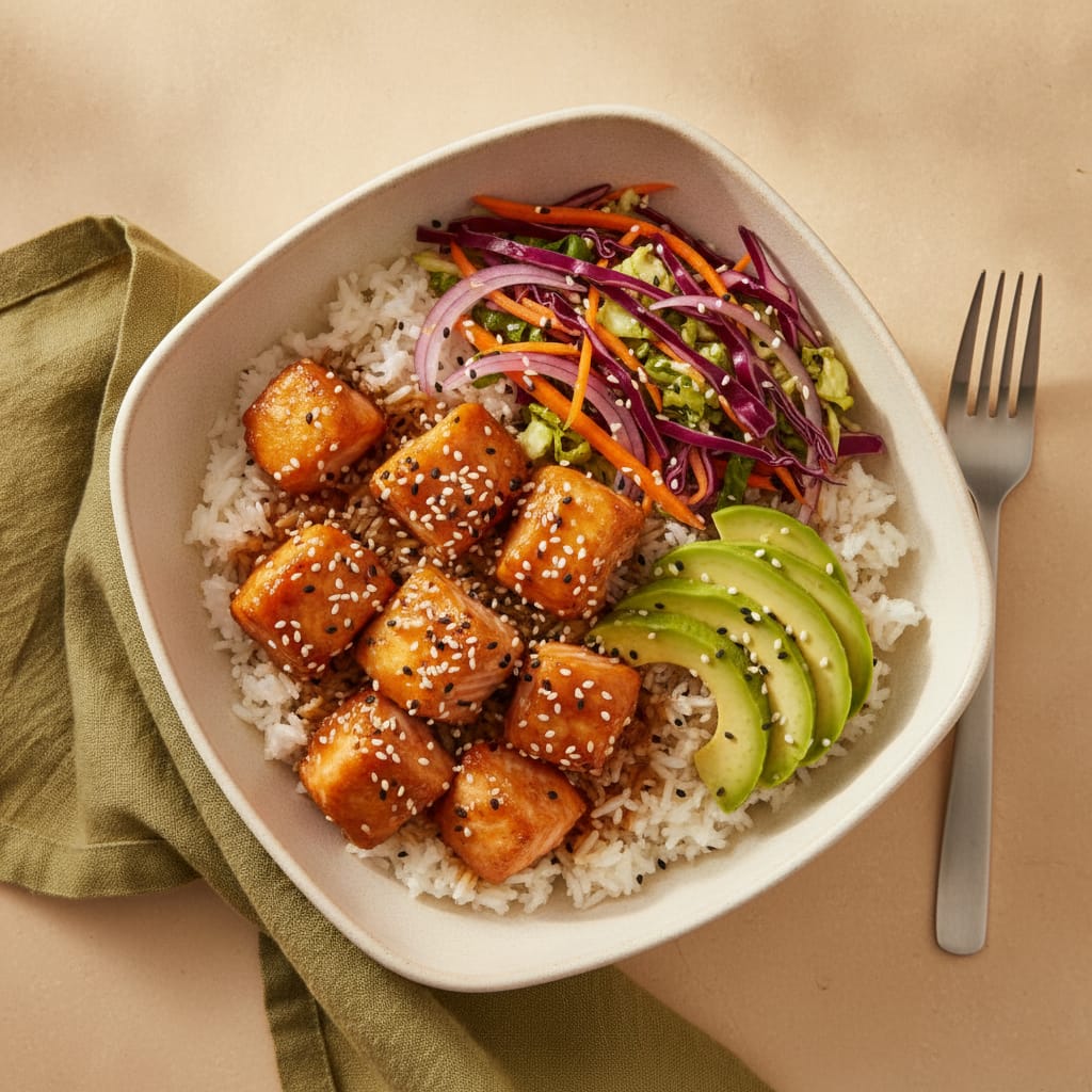 Crispy Salmon Rice Bowl with Slaw