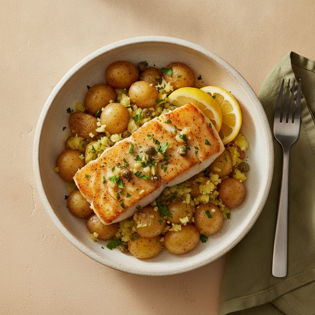 Garlic Butter Cod with Crushed Potatoes