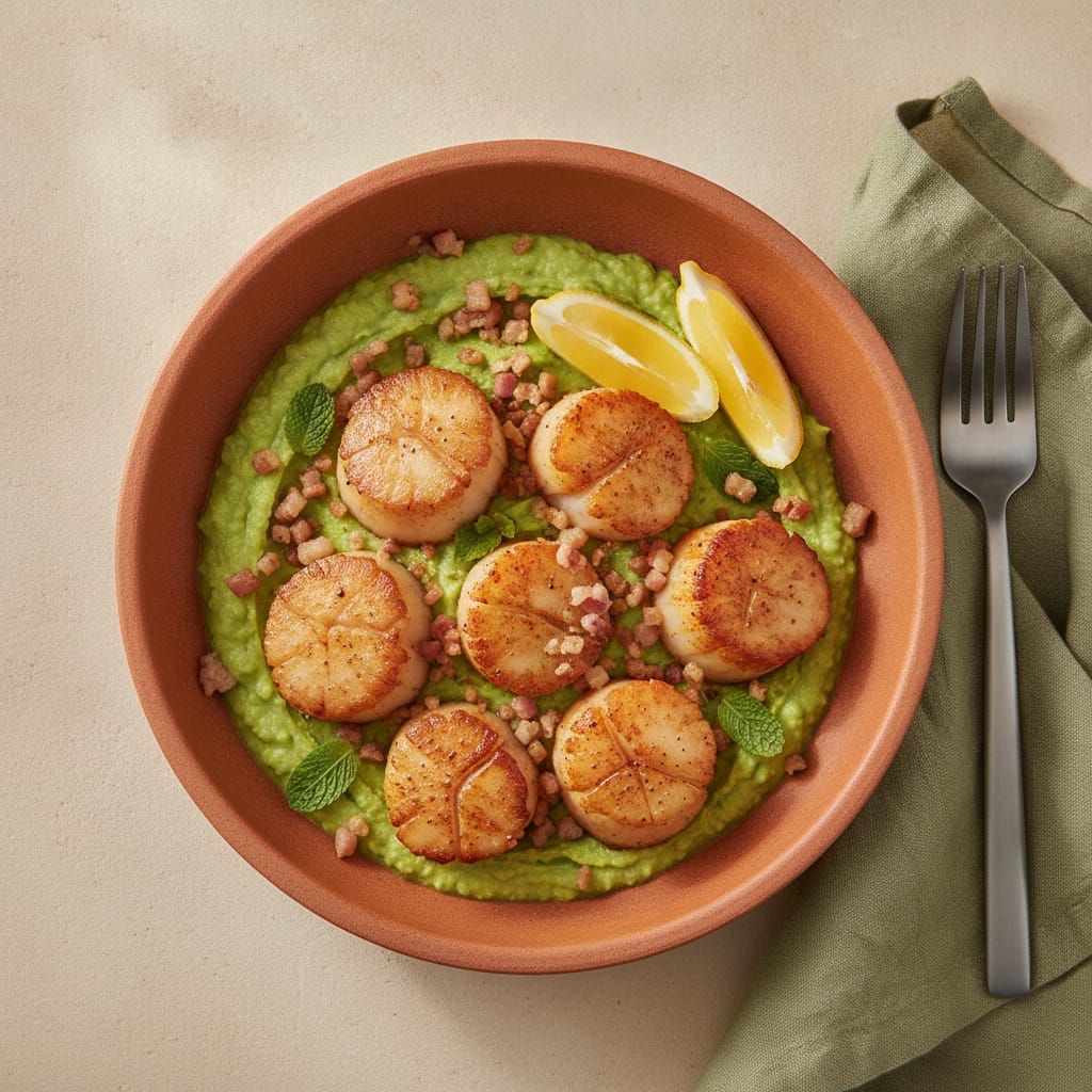 Garlic Butter Scallops with Pea Purée