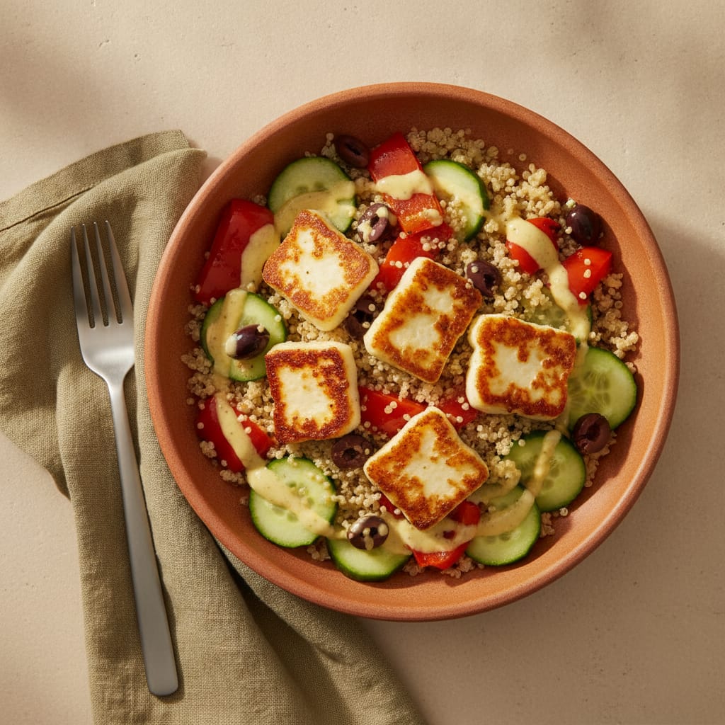 Halloumi & Quinoa Bowl with Lemon-Tahini Dressing