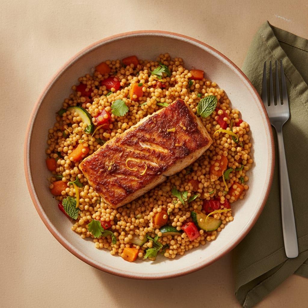 Harissa Cod with Pearl Couscous