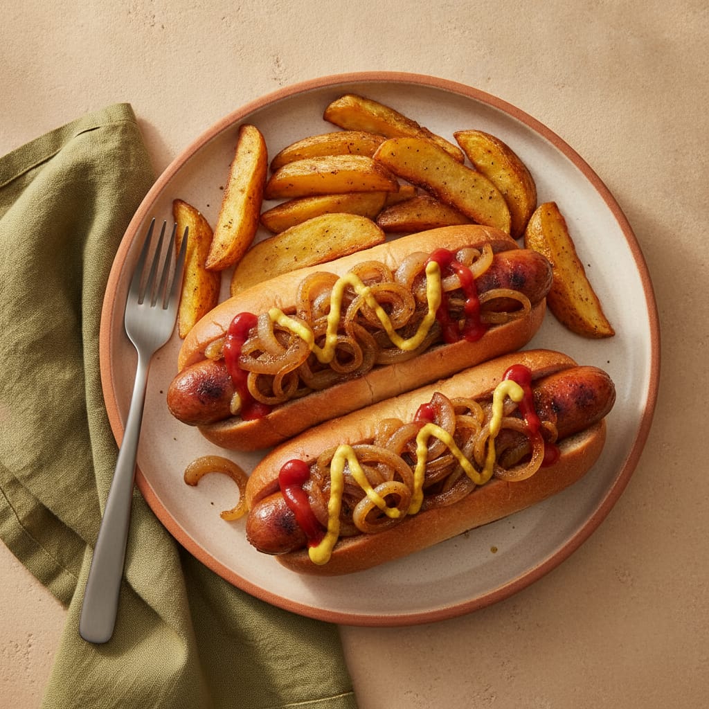 Hot Dogs with Caramelised Onions & Wedges