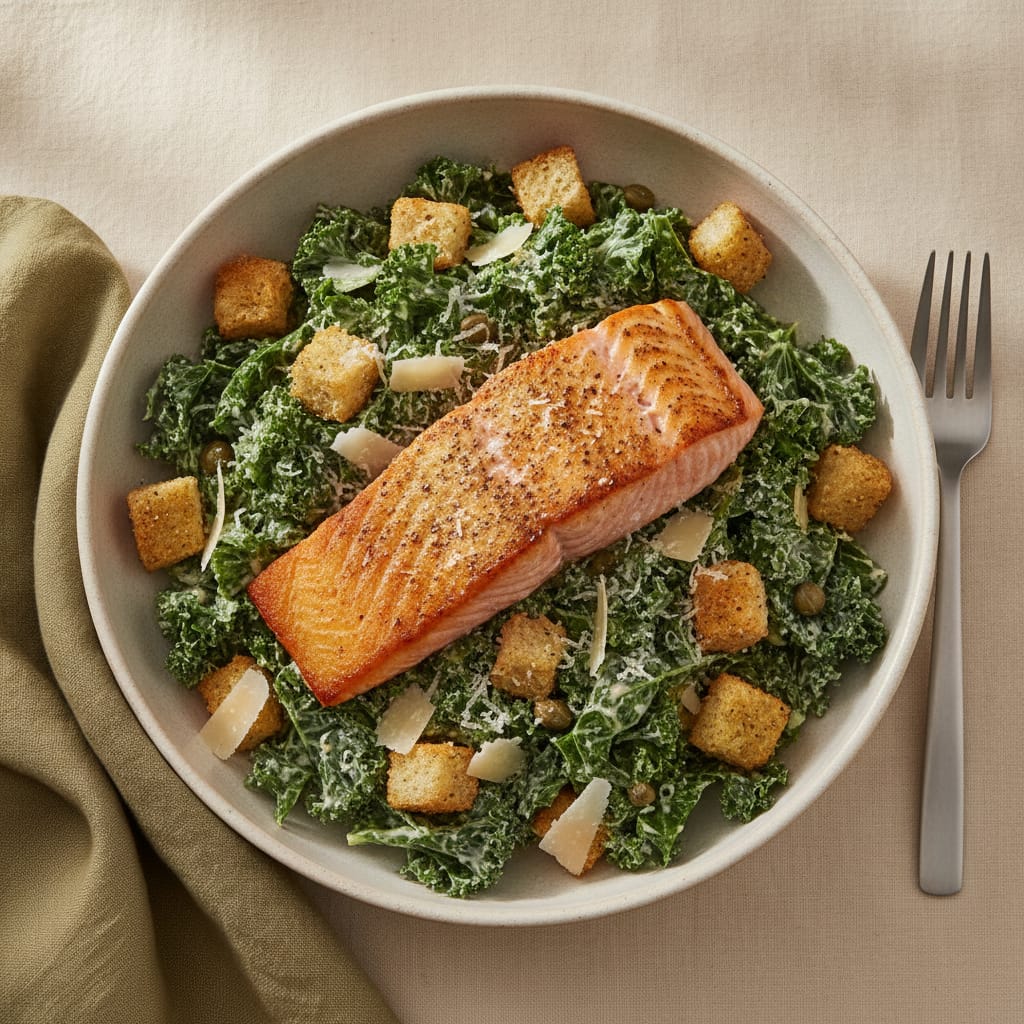 Kale Caesar Salad with Salmon