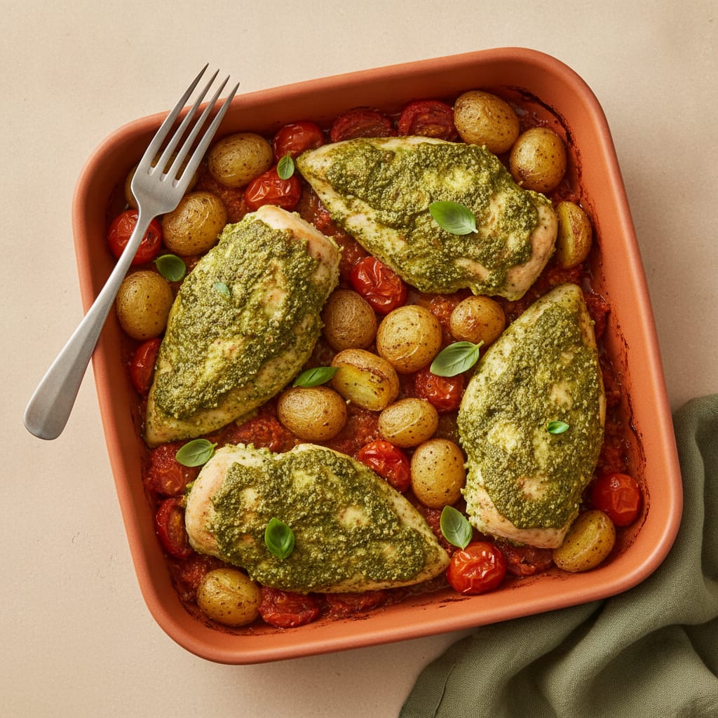 Pesto Chicken with Crispy Potatoes