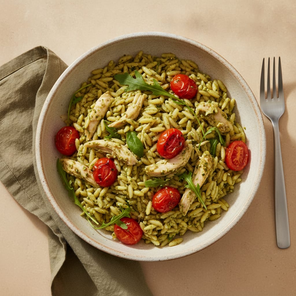 Pesto Orzo with Chicken & Cherry Tomatoes