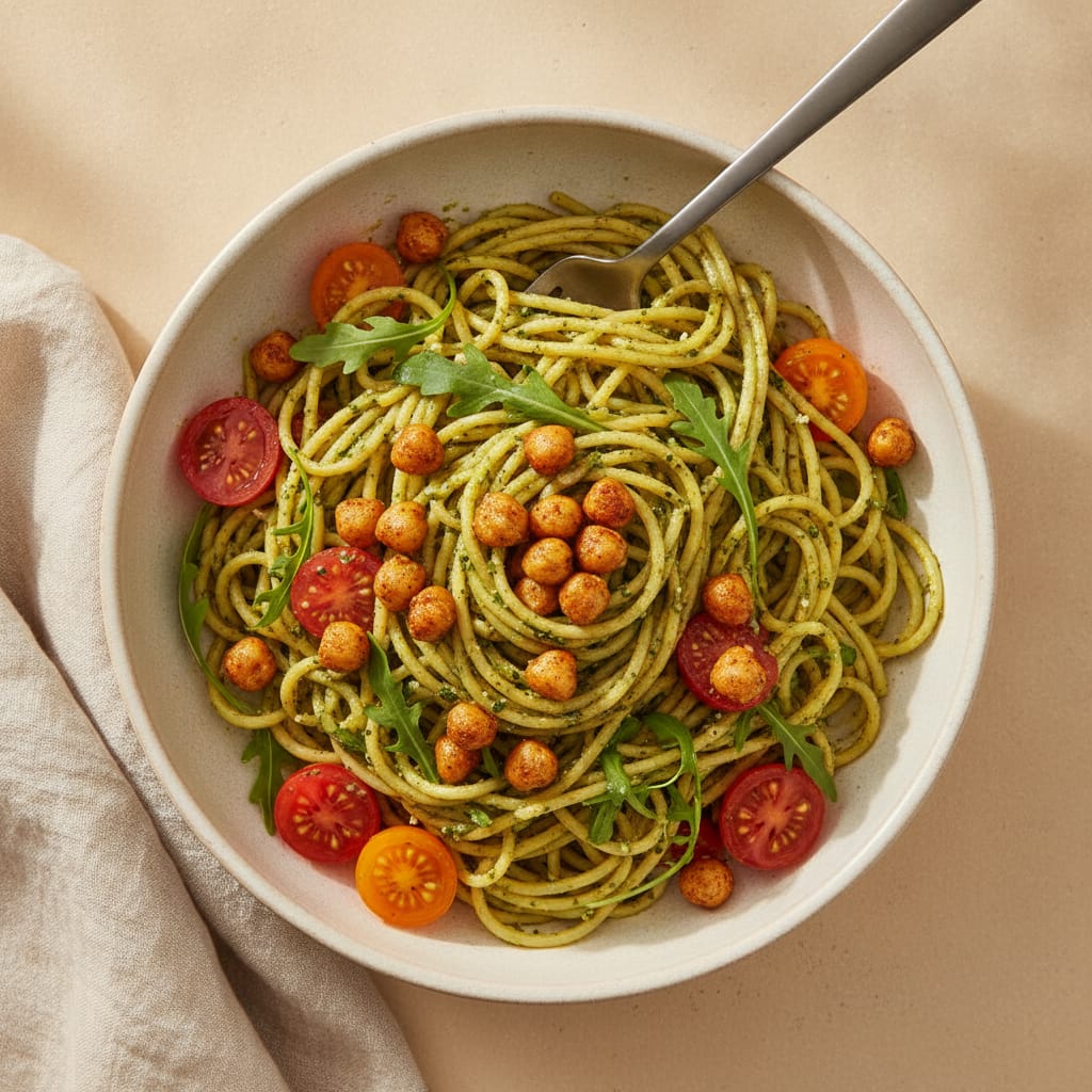 Pesto Pasta with Crispy Chickpeas