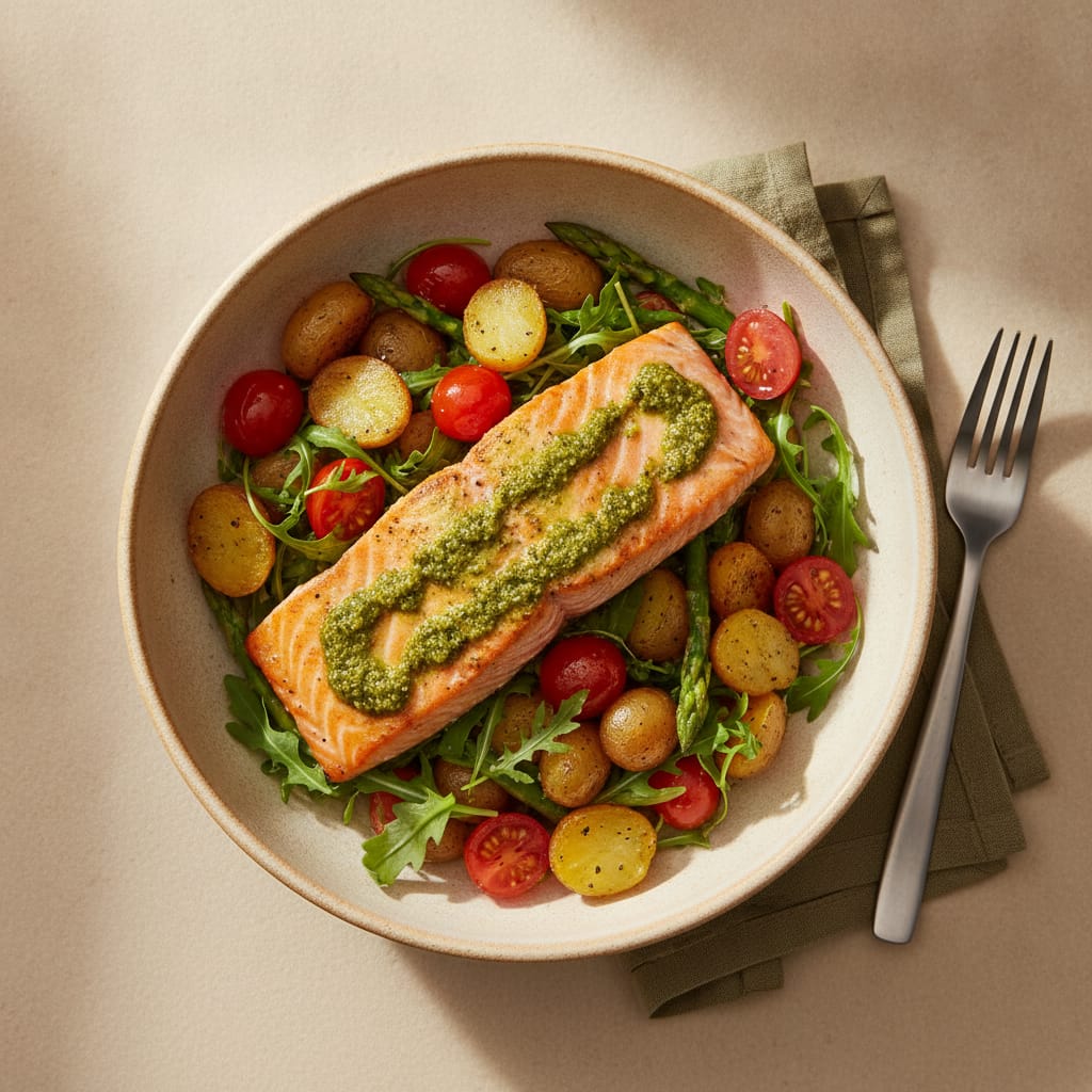 Pesto Salmon Bowl with Crushed Potatoes