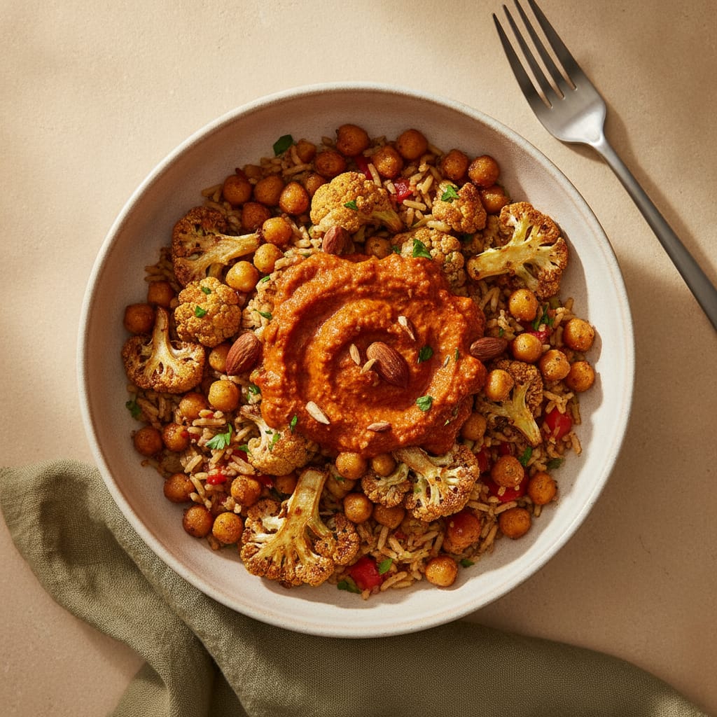 Roasted Cauliflower & Chickpea Bowl with Romesco