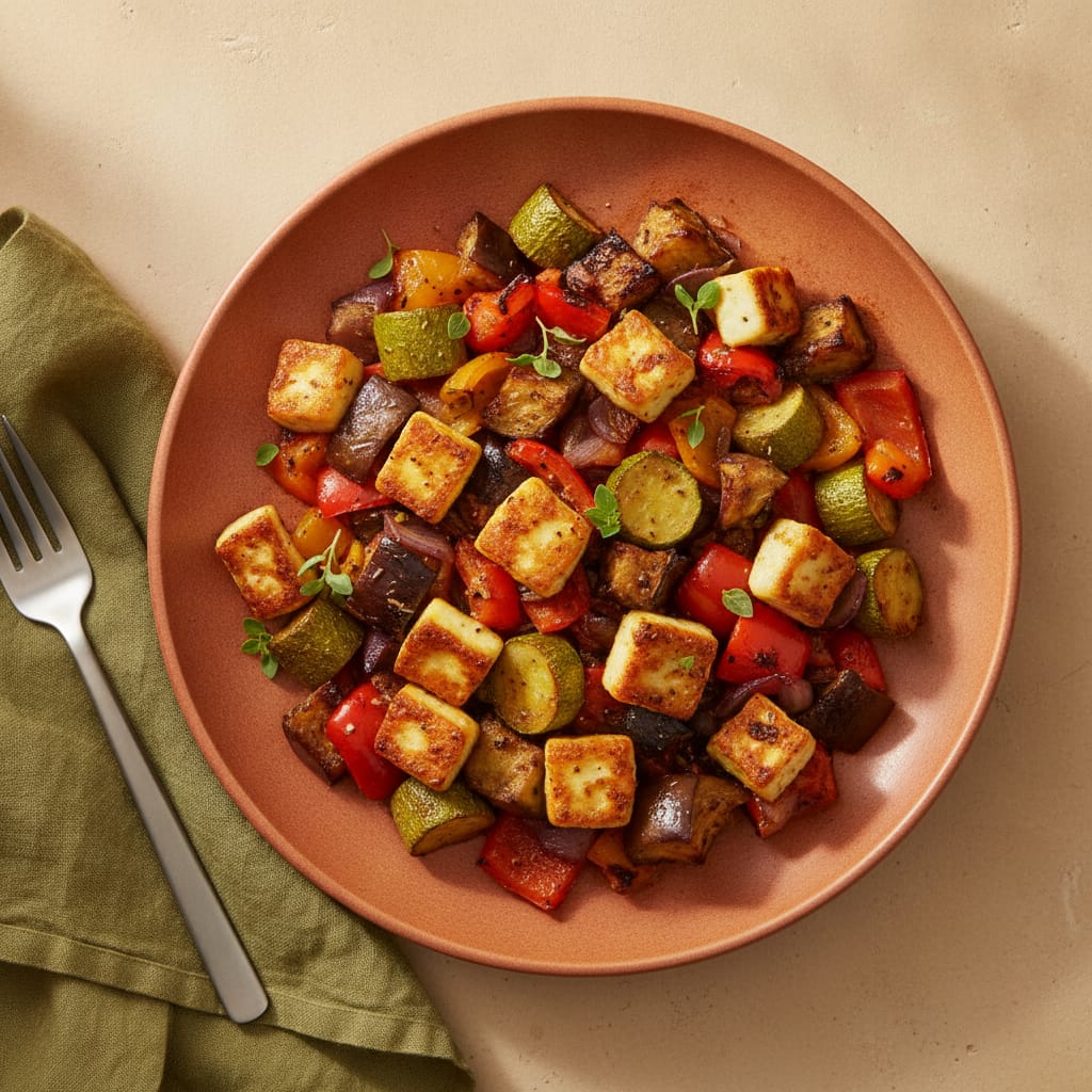 Sheet-Pan Mediterranean Veggie & Halloumi Bake