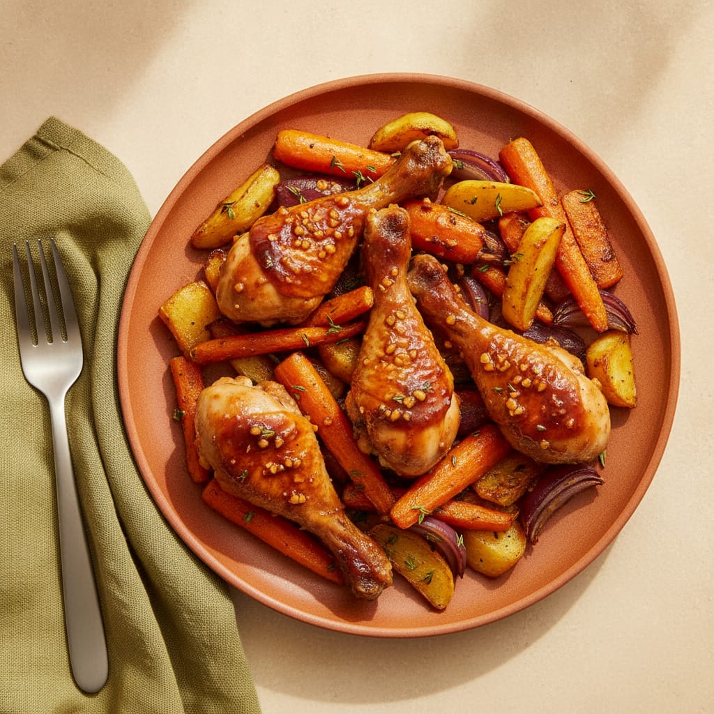 Sticky Chicken Drumsticks with Roast Veg