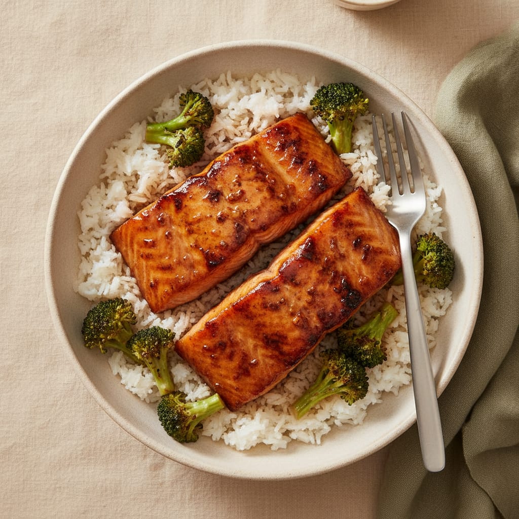 Sticky Soy-Honey Salmon with Rice