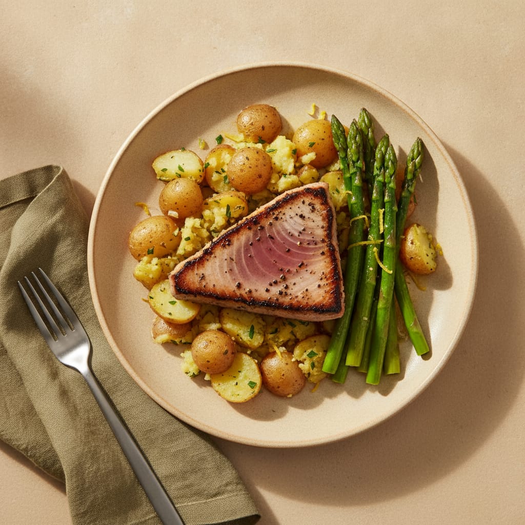 Tuna Steak with Crushed New Potatoes & Lemony Asparagus
