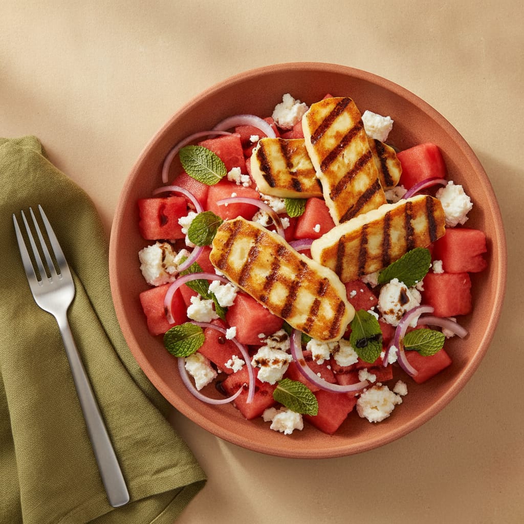 Watermelon Feta Salad with Grilled Halloumi